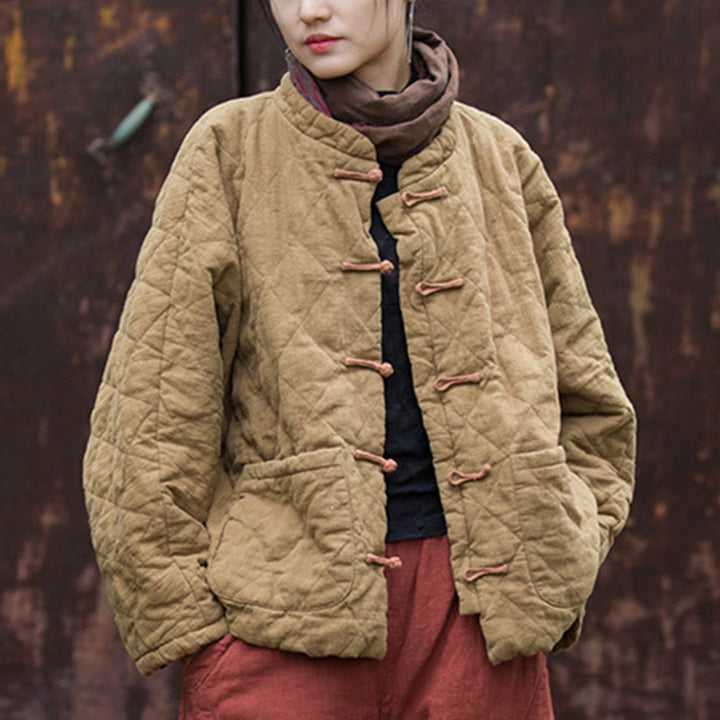 Chaqueta térmica de algodón de manga larga con botones de rana y bolsillos para mujer, de Buddha Stones Winter - image 28