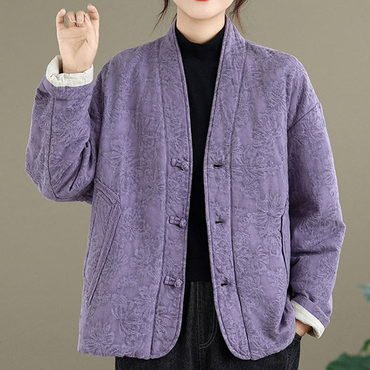 Chaqueta térmica de invierno Buddha Stones para mujer, de algodón, manga larga, cuello en V, jacquard, botones de rana y bolsillos - image 23