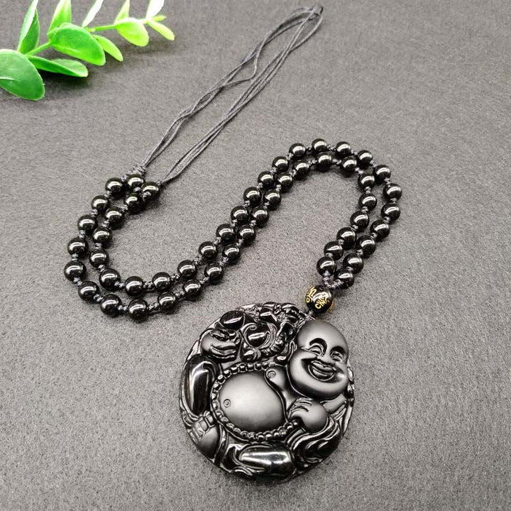 Collar con colgante de obsidiana negra con diseño de Buda sonriente y Buddha Stones - image 1