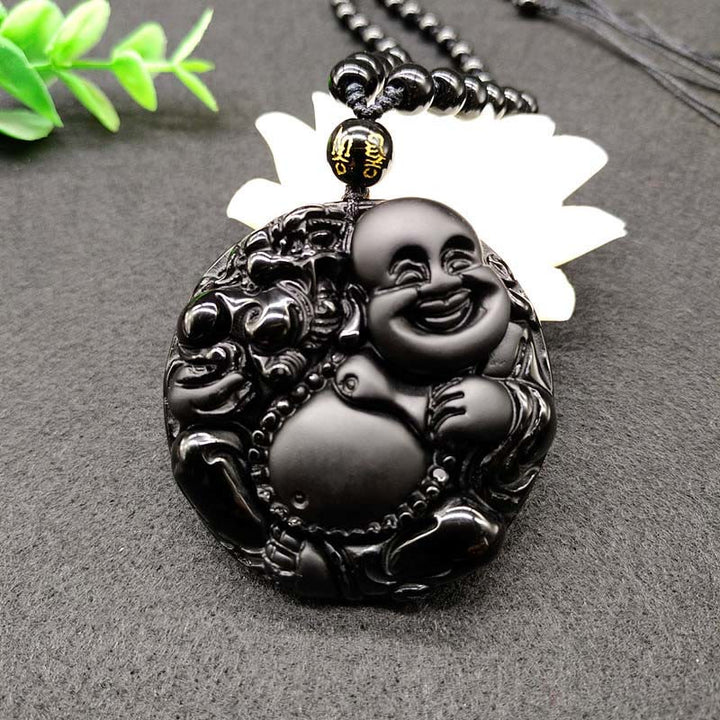 Collar con colgante de obsidiana negra con diseño de Buda sonriente y Buddha Stones - Obsidiana negra - image 0