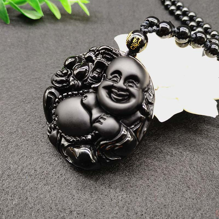 Collar con colgante de obsidiana negra con diseño de Buda sonriente y Buddha Stones - image 2
