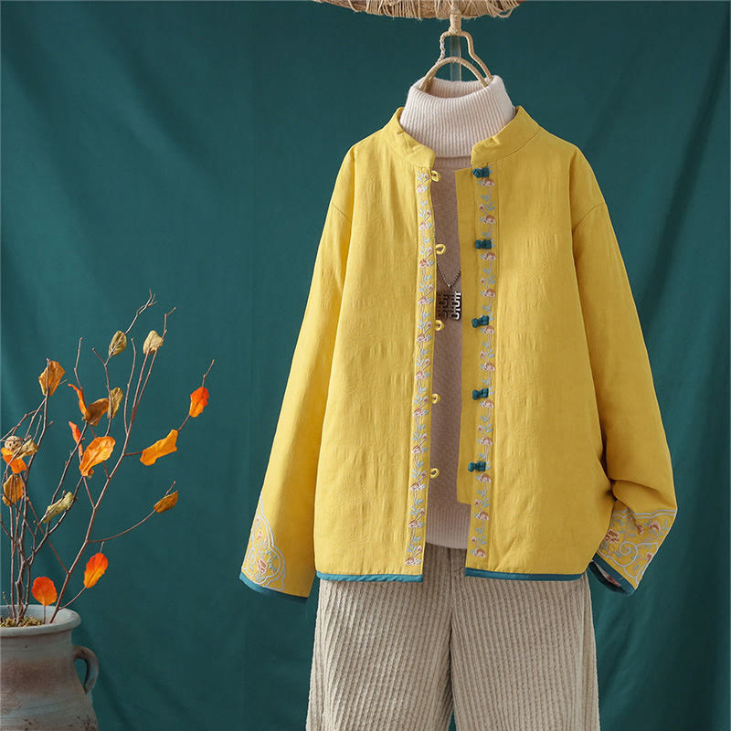 Chaqueta térmica de algodón de manga larga para mujer, con diseño de rana y botones bordados con flores y vides, de Buddha Stones, de invierno. - Amarillo - US8-10，UK/AU12-14，EU40-42 (2XL) - image 1