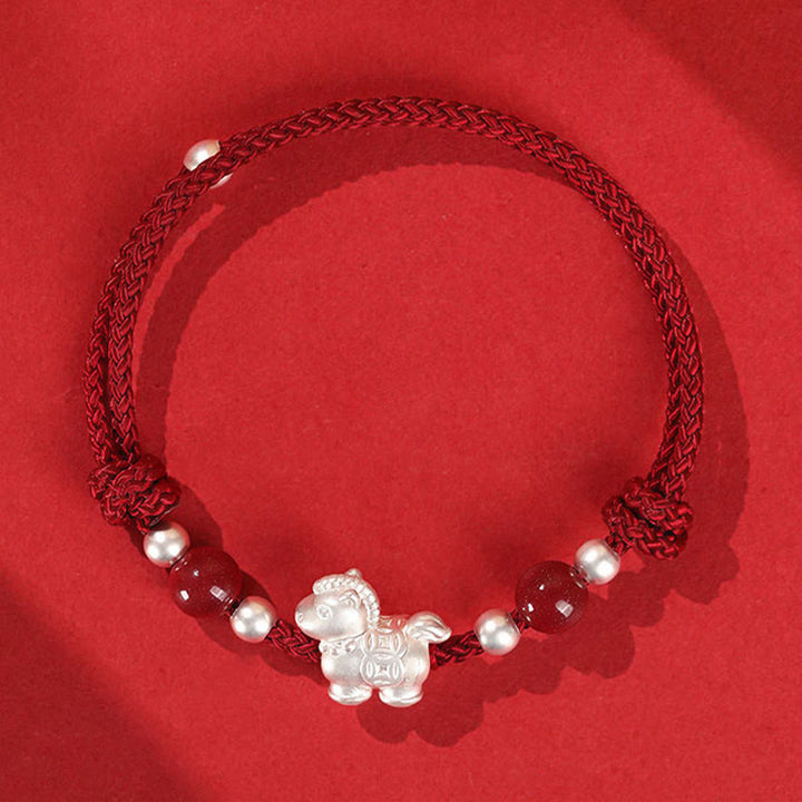 Pulsera de hilo de plata de ley 999 con Buddha Stones y ágata roja, Año del Caballo, Prosperidad - Cuerda roja oscura (circunferencia de la muñeca: 14-21 cm) - image 1