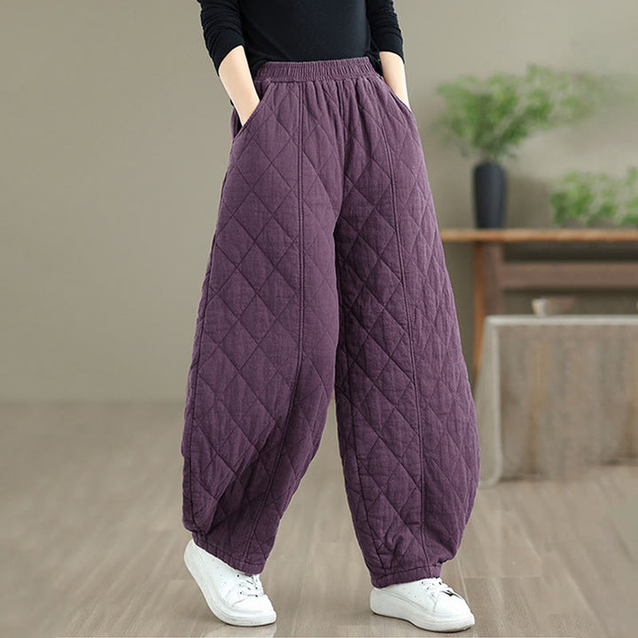 Pantalones de algodón con estampado de diamantes de invierno y bolsillos para mujer con Buddha Stones - image 21