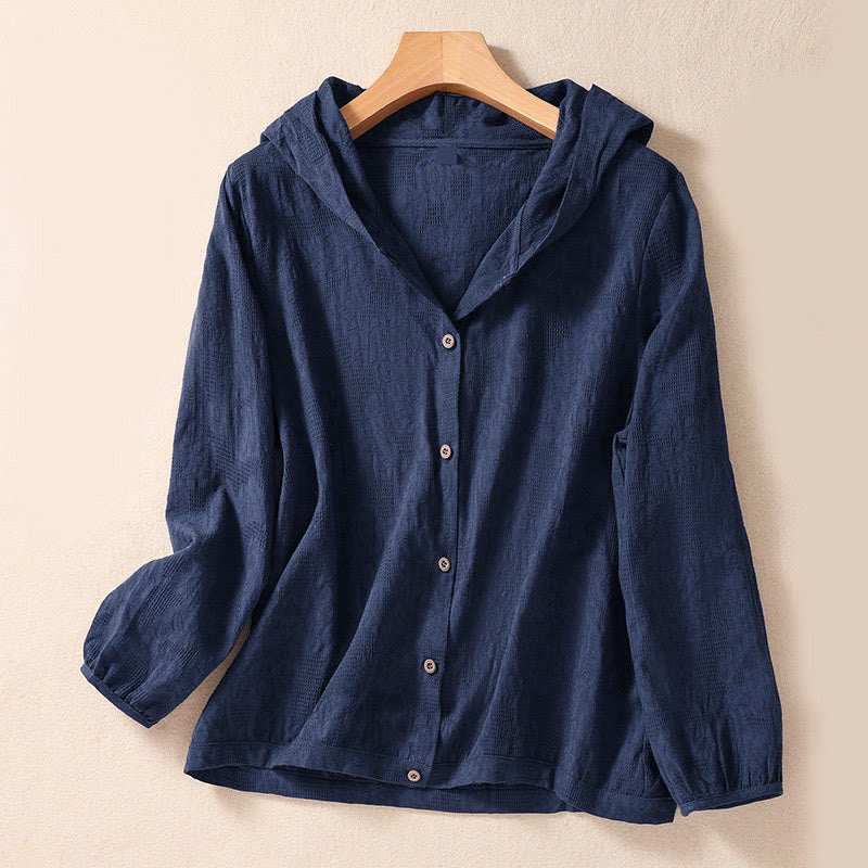 Sudadera con capucha de manga larga para mujer con diseño de jacquard y botones, con estampado de Buddha Stones. - Azul acero - US8-10，UK/AU12-14，EU40-42 (2XL) - image 0