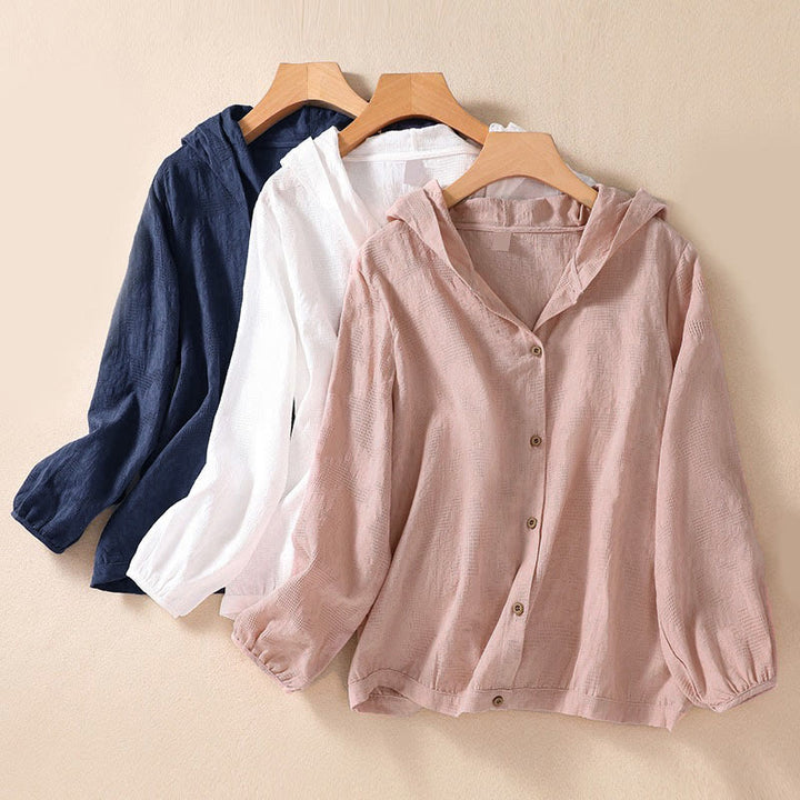 Sudadera con capucha de algodón de manga larga para mujer con diseño de jacquard y botones en otoño con Buddha Stones - image 30