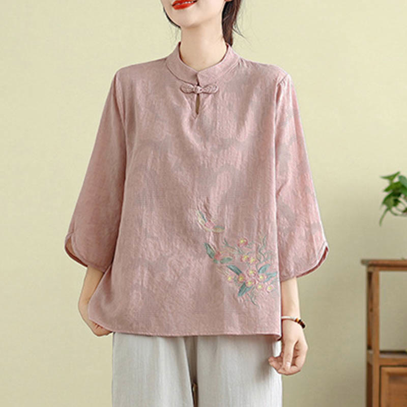 Camisa de algodón para mujer con cuello mandarín, manga tres cuartos y un botón de rana con bordado de flores de Buddha Stones - image 22