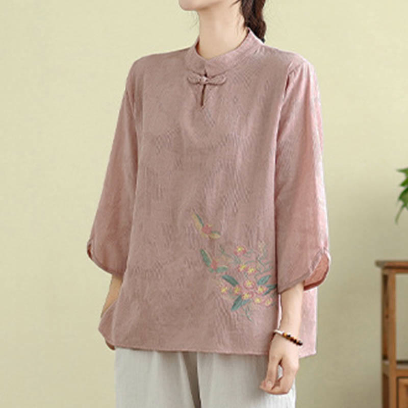 Camisa de algodón para mujer con cuello mandarín, manga tres cuartos y un botón de rana con bordado de flores de Buddha Stones - image 21