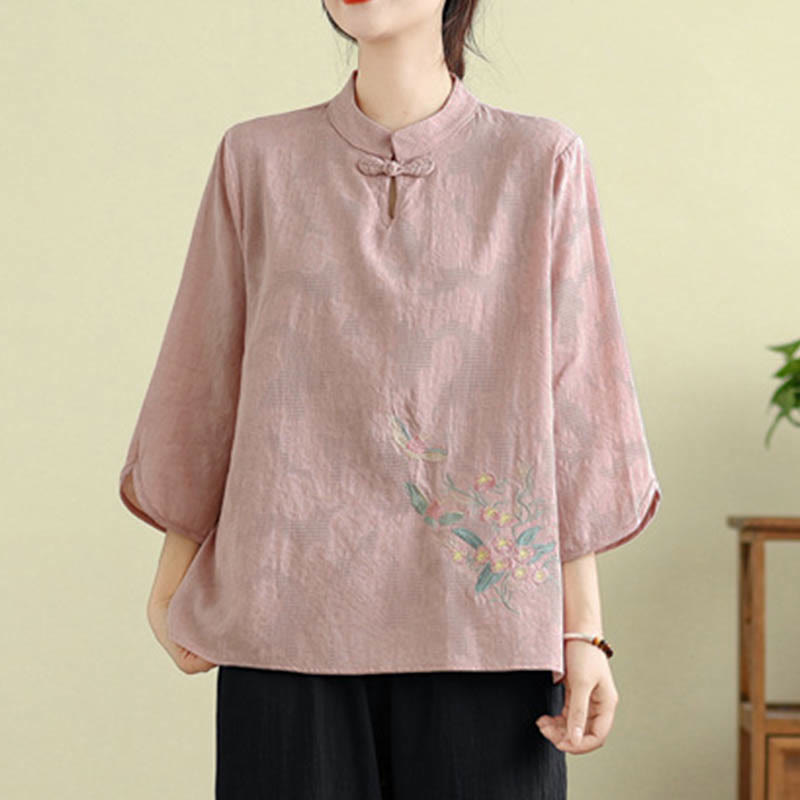 Camisa de algodón para mujer con cuello mandarín, manga tres cuartos y un botón de rana con bordado de flores de Buddha Stones - image 20