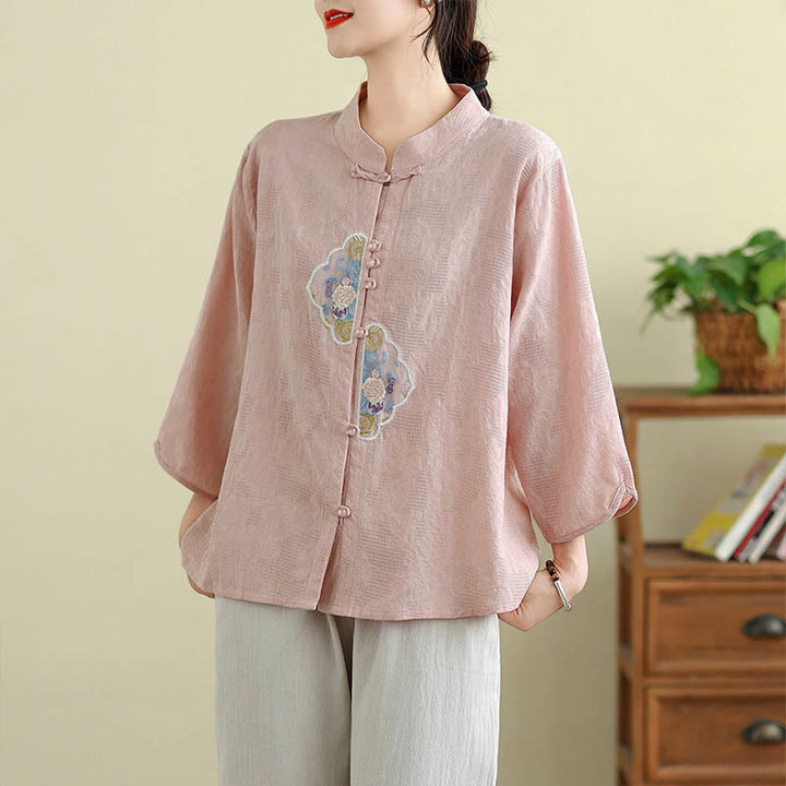 Camisa de algodón para mujer con bordado de flores y Buddha Stones, jacquard, manga tres cuartos y botones de rana - Rosa claro - US12, UK/AU16, EU44 (3XL) - image 15