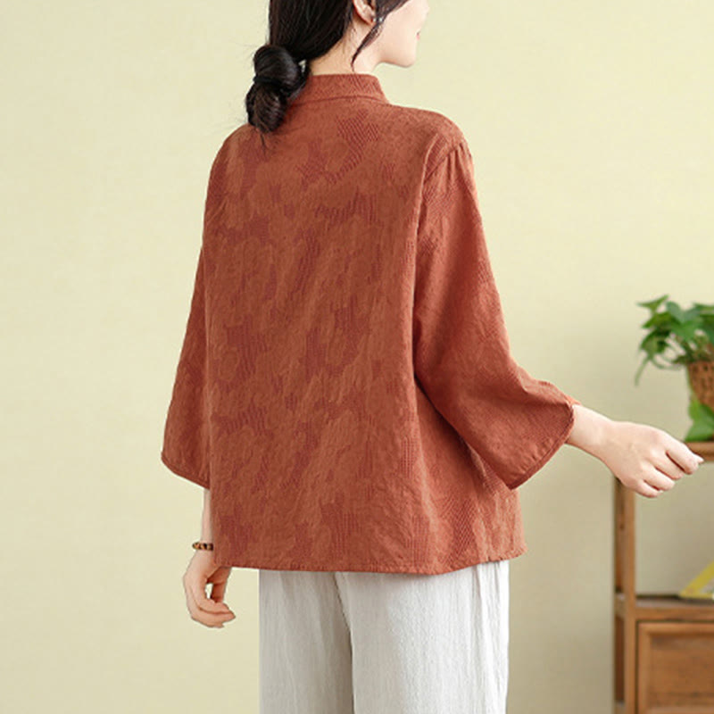 Camisa de algodón para mujer con bordado de flores y Buddha Stones, jacquard, manga tres cuartos y botones de rana - image 2