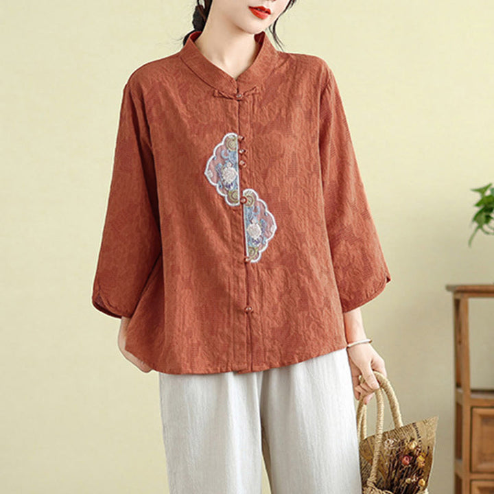 Camisa de algodón para mujer con bordado de flores y Buddha Stones, jacquard, manga tres cuartos y botones de rana - image 3