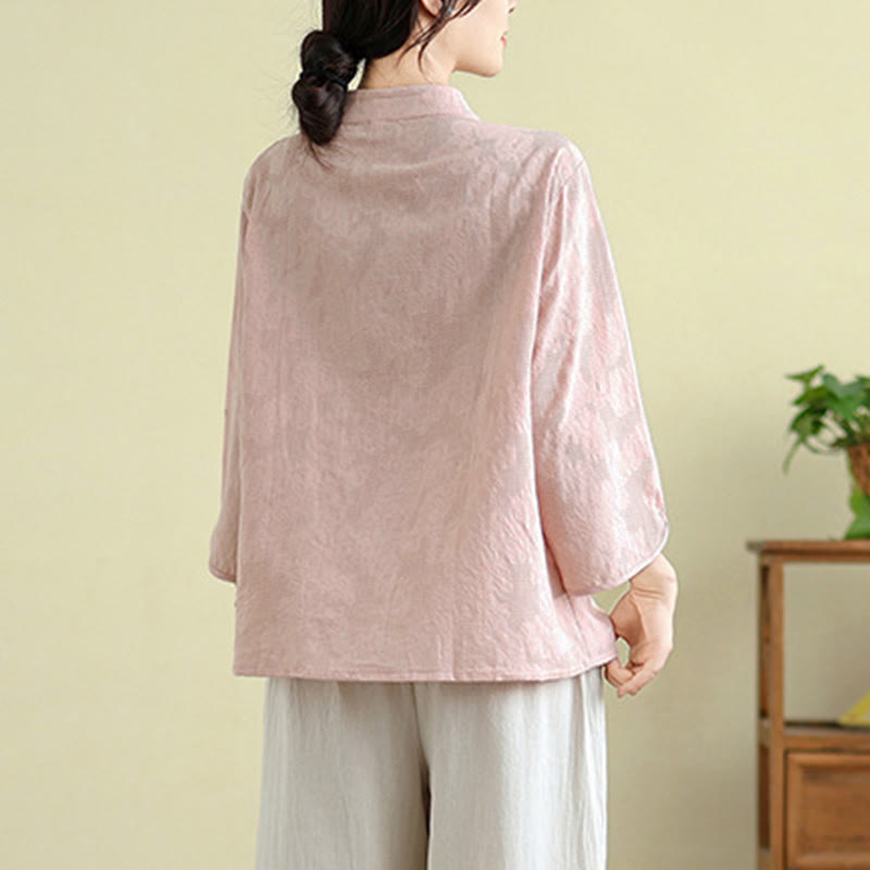 Camisa de algodón para mujer con bordado de flores y Buddha Stones, jacquard, manga tres cuartos y botones de rana - image 18