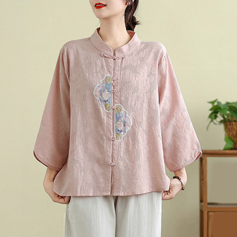 Camisa de algodón para mujer con bordado de flores y Buddha Stones, jacquard, manga tres cuartos y botones de rana - image 19