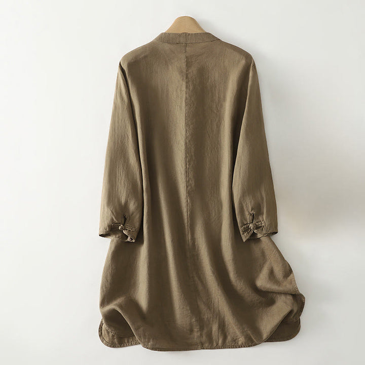 Camisa de algodón para mujer con cuello alto, manga tres cuartos y largo medio, color liso, con botones de rana y estampado de Buddha Stones Fall - image 2