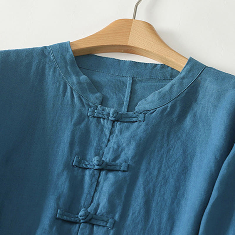 Camisa de algodón para mujer con cuello alto, manga tres cuartos y largo medio, color liso, con botones de rana y estampado de Buddha Stones Fall - image 9