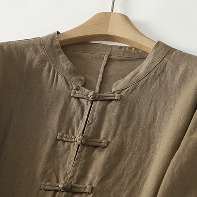 Camisa de algodón para mujer con cuello alto, manga tres cuartos y largo medio, color liso, con botones de rana y estampado de Buddha Stones Fall - image 3