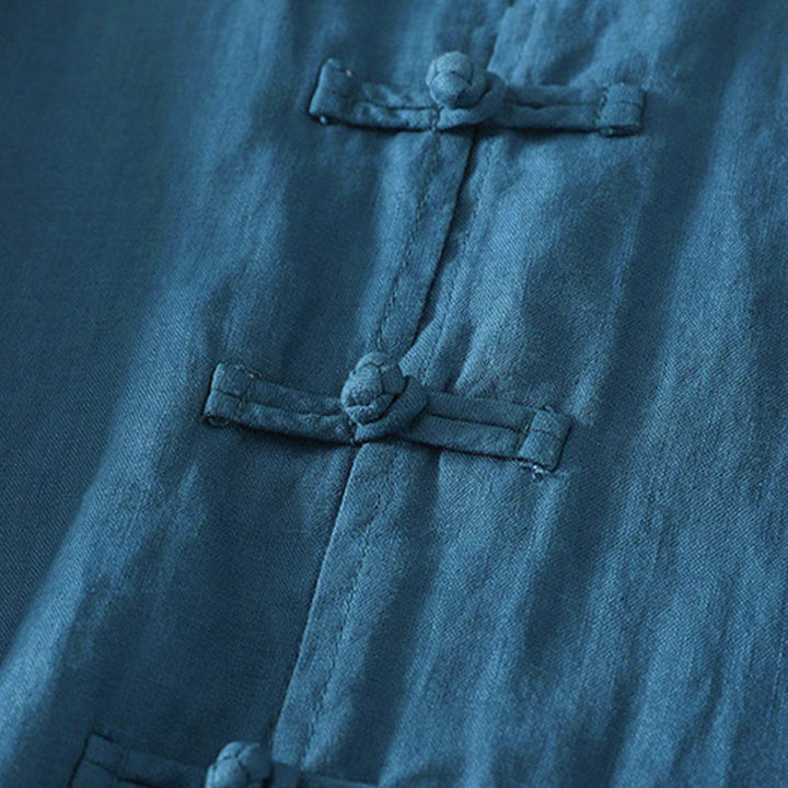 Camisa de algodón para mujer con cuello alto, manga tres cuartos y largo medio, color liso, con botones de rana y estampado de Buddha Stones Fall - image 11