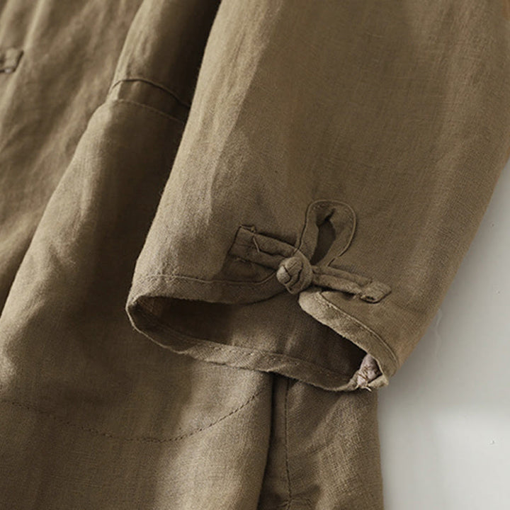 Camisa de algodón para mujer con cuello alto, manga tres cuartos y largo medio, color liso, con botones de rana y estampado de Buddha Stones Fall - image 6