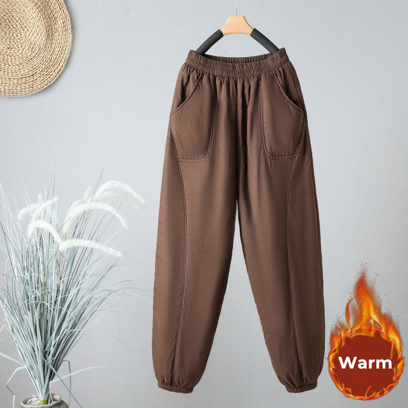 Pantalones harén de algodón térmicos con cintura elástica de invierno para mujer, de Buddha Stones, con bolsillos, de largo 7-8 - SaddleBrown - US8-10，UK/AU12-14，EU40-42 (2XL) - image 1