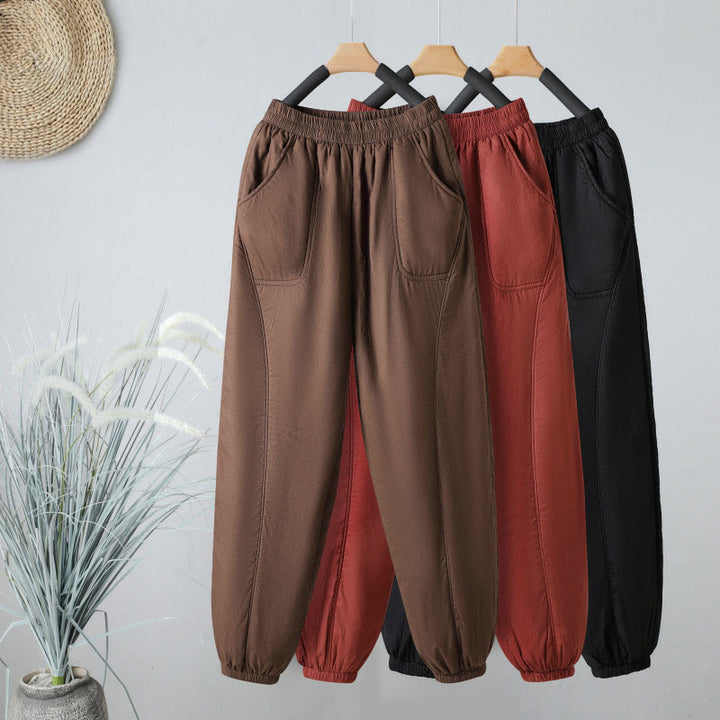 Pantalones harén de algodón térmicos con cintura elástica de invierno para mujer, de Buddha Stones, con bolsillos, de largo 7-8 - image 0