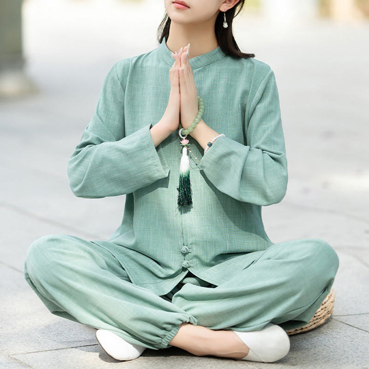Conjunto de 2 piezas de camisa y pantalones de manga larga con botones de rana china, Buddha Stones , ropa de algodón para meditación, zen y tai chi para mujer - image 9
