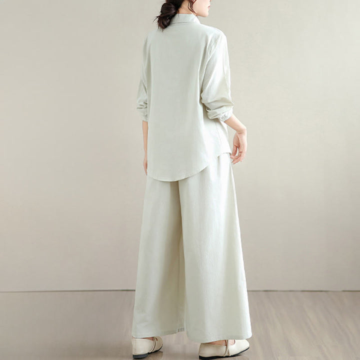 Conjunto de 2 piezas de Buddha Stones para mujer, camisa de manga larga con botones y pantalones anchos hasta los tobillos, de algodón, color liso, con bolsillos - image 3