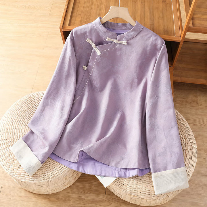 Camisa de algodón para mujer, manga larga, cuello alto, botones de rana y estampado floral de jacquard de Buddha Stones - Ciruela - US8-10，UK/AU12-14，EU40-42 (2XL) - image 8