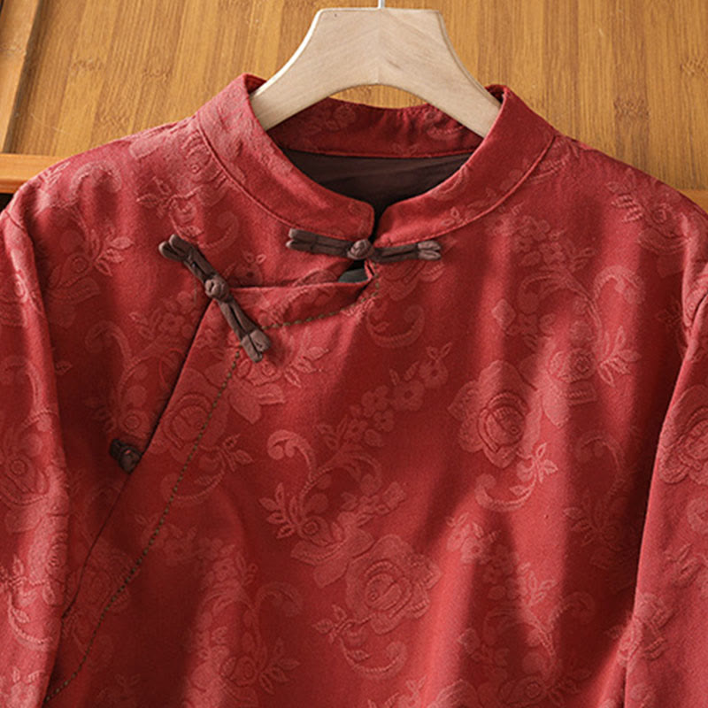 Camisa de algodón para mujer, manga larga, cuello alto, botones de rana y estampado floral de jacquard de Buddha Stones - image 2