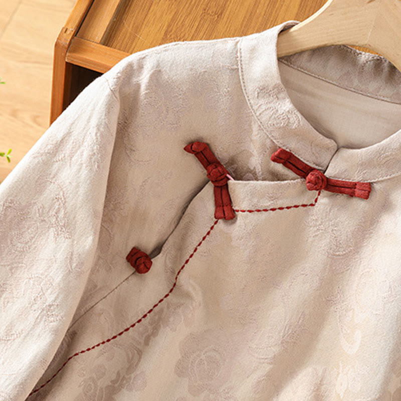 Camisa de algodón para mujer, manga larga, cuello alto, botones de rana y estampado floral de jacquard de Buddha Stones - image 21