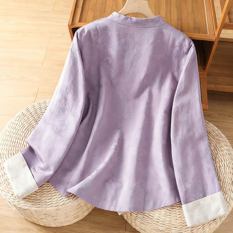 Camisa de algodón para mujer, manga larga, cuello alto, botones de rana y estampado floral de jacquard de Buddha Stones - image 9