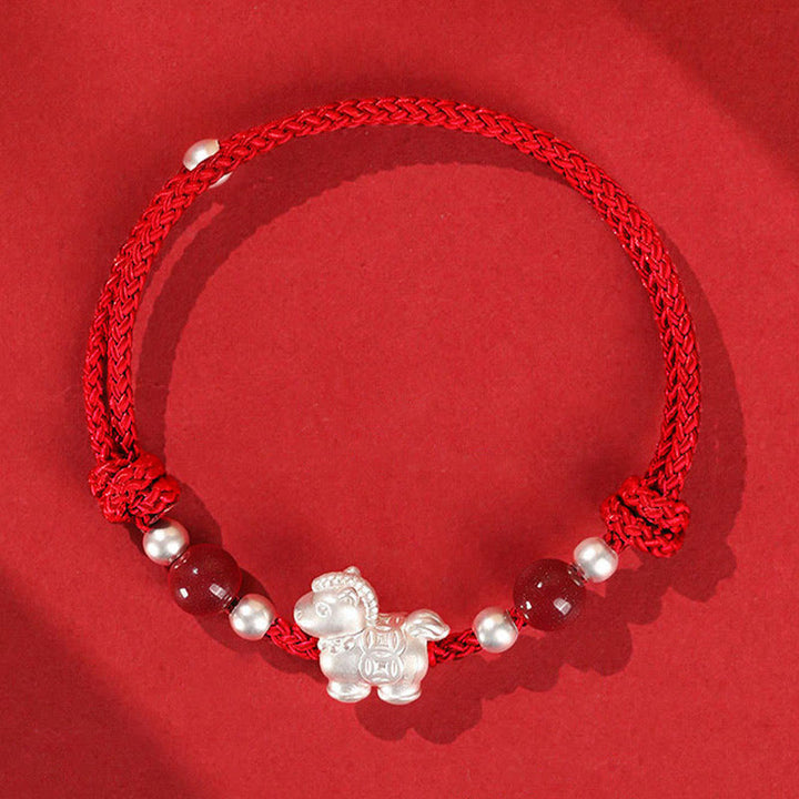 Pulsera de hilo de plata de ley 999 con Buddha Stones y ágata roja, Año del Caballo, Prosperidad - Cuerda roja (circunferencia de la muñeca: 14-21 cm) - image 0