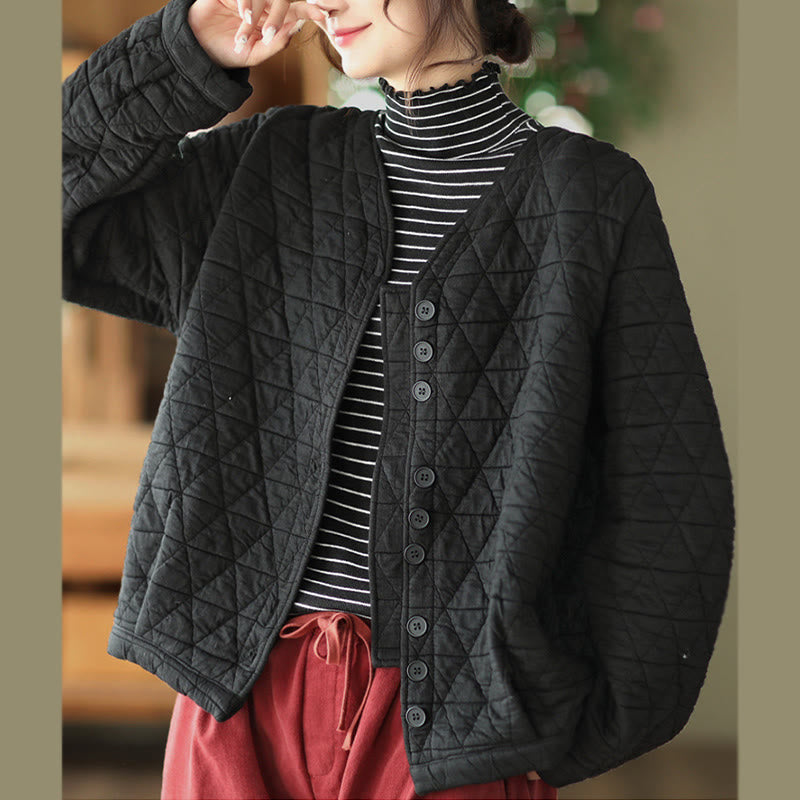 Chaqueta térmica de algodón de manga larga con estampado de rombos para mujer, con bolsillos, de Buddha Stones - image 7