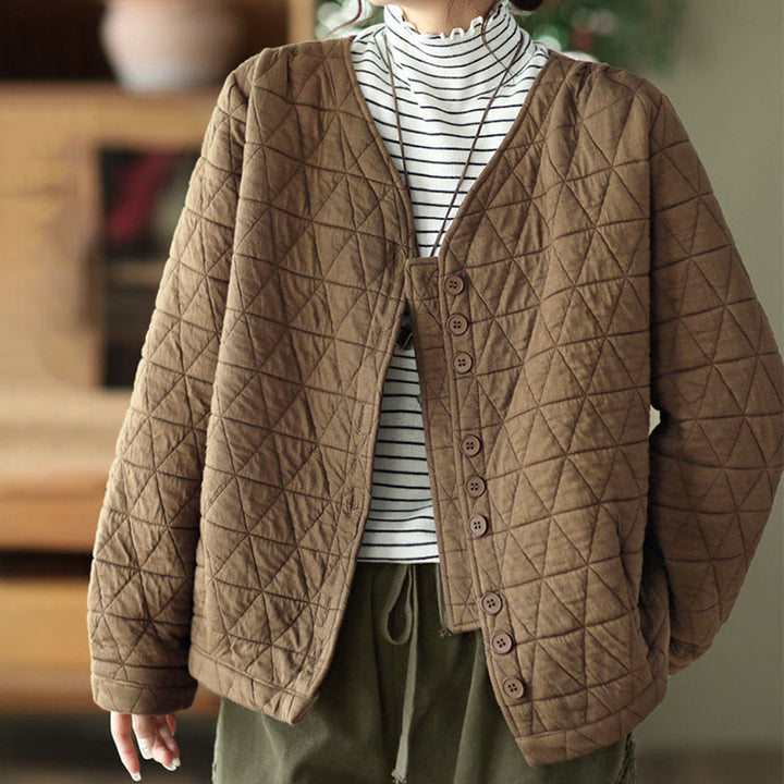 Chaqueta térmica de algodón de manga larga con estampado de rombos para mujer, con bolsillos, de Buddha Stones - image 1