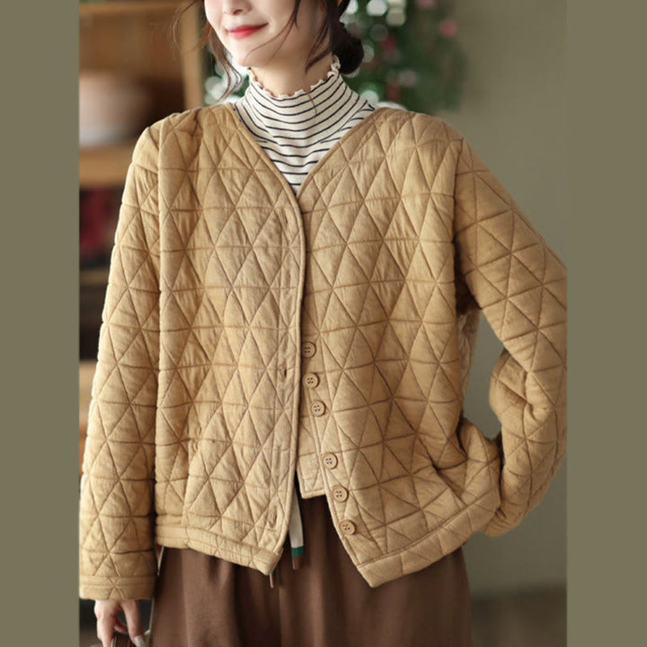 Chaqueta térmica de algodón de manga larga con estampado de rombos para mujer, con bolsillos, de Buddha Stones - Vara de oro - US12, UK/AU16, EU44 (2XL) - image 9