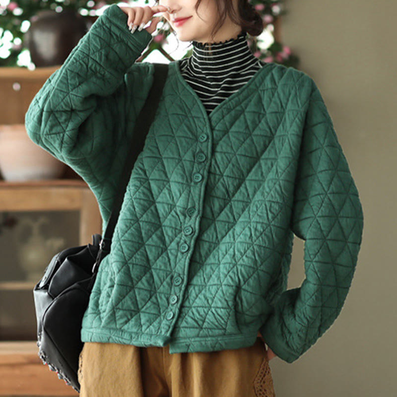 Chaqueta térmica de algodón de manga larga con estampado de rombos para mujer, con bolsillos, de Buddha Stones - Verdemar - US12, UK/AU16, EU44 (2XL) - image 3