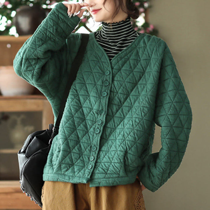 Chaqueta térmica de algodón de manga larga con estampado de rombos para mujer, con bolsillos, de Buddha Stones - Verdemar - US12, UK/AU16, EU44 (2XL) - image 3