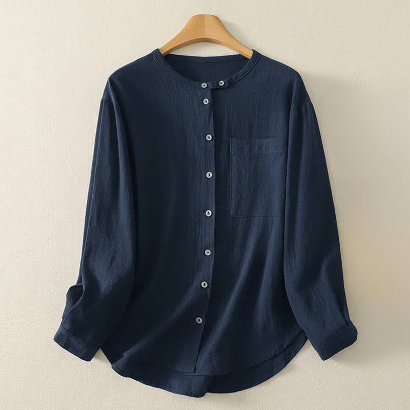 Camisa de poliéster de manga larga con cuello redondo y bolsillos para mujer con estampado de Buddha Stones Fall - Azul medianoche - US8-10，UK/AU12-14，EU40-42 (2XL) - image 1
