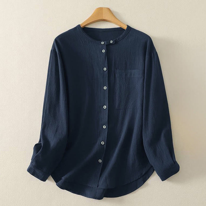 Camisa de poliéster de manga larga con cuello redondo y bolsillos para mujer con estampado de Buddha Stones Fall - Azul medianoche - US8-10，UK/AU12-14，EU40-42 (2XL) - image 1