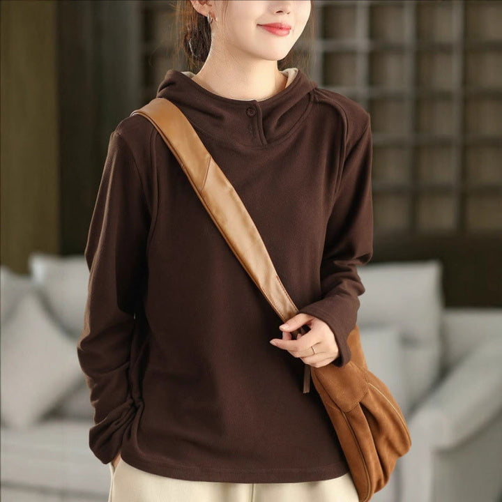 Sudadera con capucha de algodón de manga larga gruesa para mujer, color sólido, de invierno , con Buddha Stones - Marrón silla de montar - US4, UK/AU8, EU36 (F) - image 14