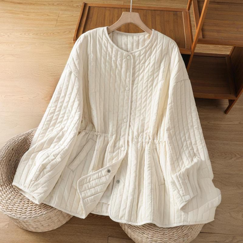 Chaqueta de algodón de manga larga con cuello redondo y cordón ajustable para mujer de Buddha Stones con bolsillo - Marfil - US14，UK/AU18，EU46 (2XL) - image 10