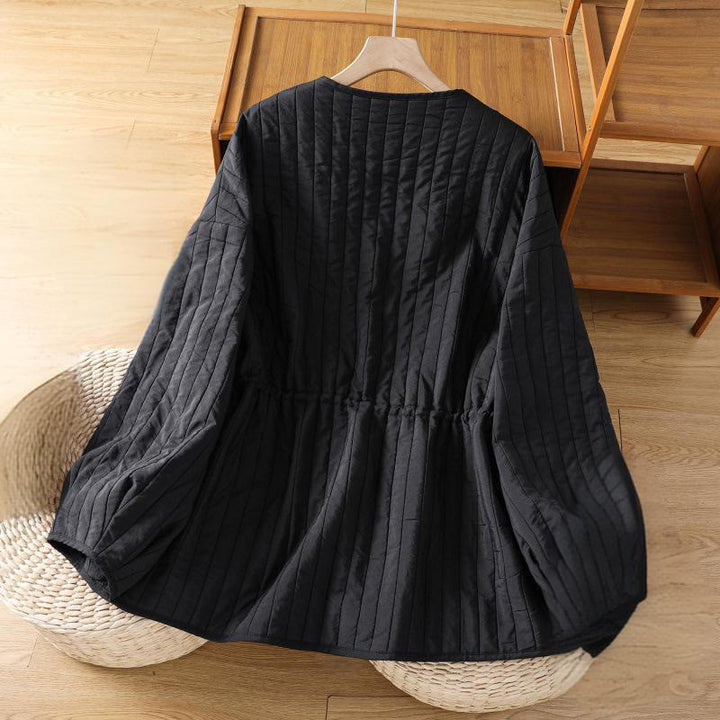 Chaqueta de algodón de manga larga con cuello redondo y cordón ajustable para mujer de Buddha Stones con bolsillo - Negro - US14，UK/AU18，EU46 (2XL) - image 1