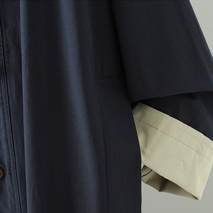 Abrigo de algodón de manga larga con bolsillos y botones de solapa con diseño patchwork para mujer con Buddha Stones - image 18