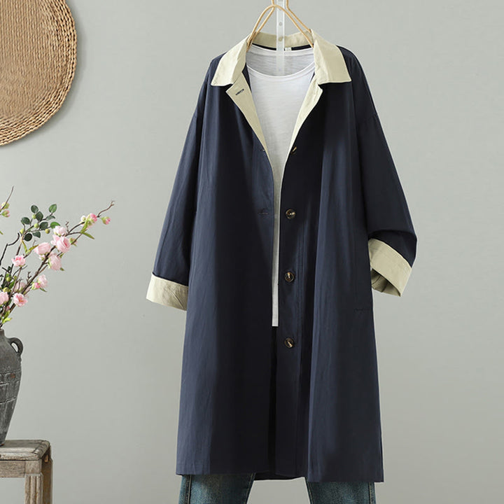 Abrigo de algodón de manga larga con bolsillos y botones de solapa con diseño patchwork para mujer con Buddha Stones - image 12