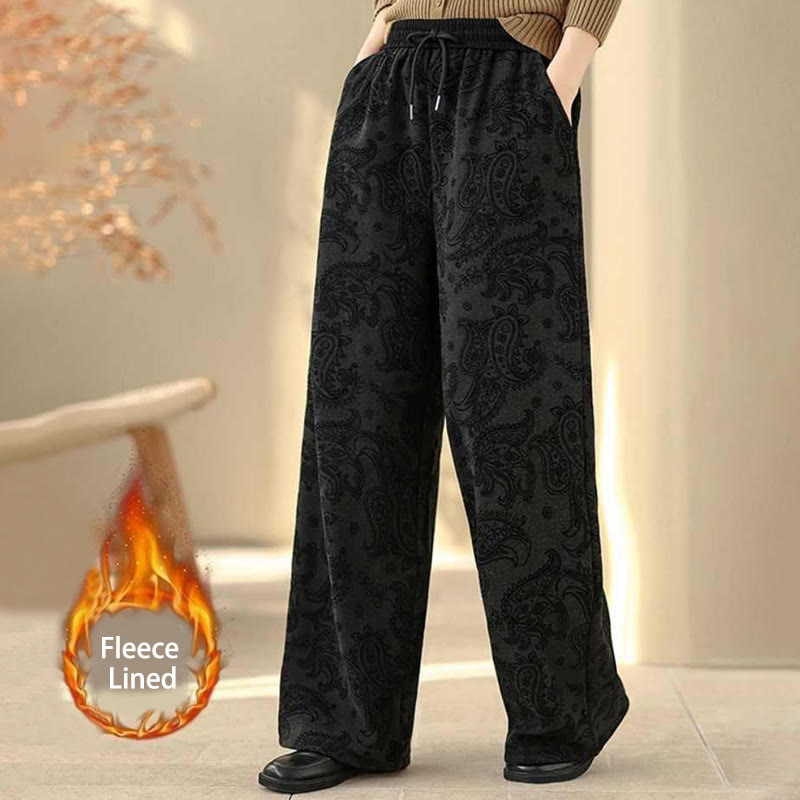 Pantalones de algodón con forro polar térmico, pernera ancha y bolsillos, estampado paisley jacquard con Buddha Stones para mujer - Negro - US6，UK/AU10，EU38 (XL) - image 5