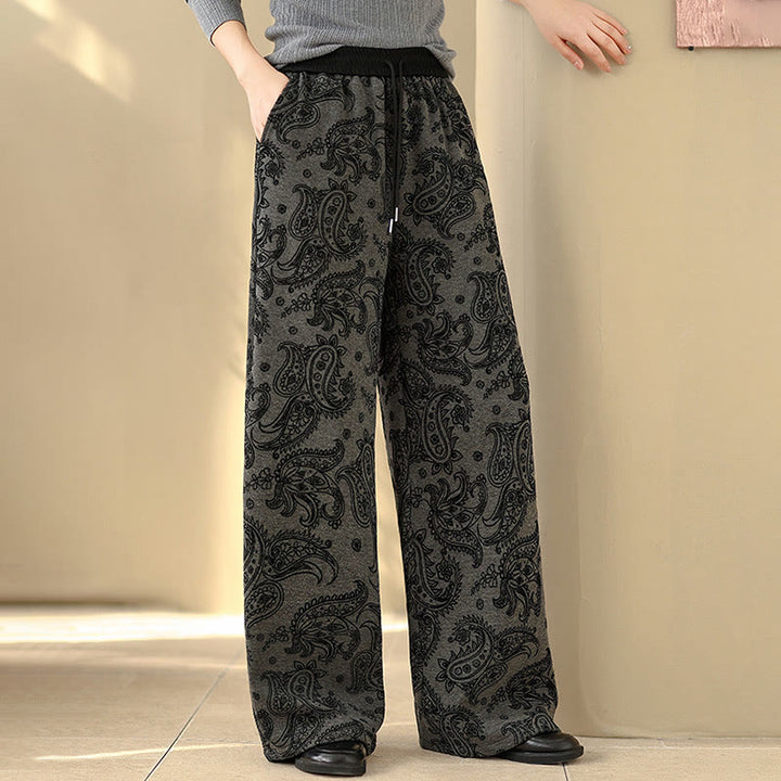 Pantalones de algodón con forro polar térmico, pernera ancha y bolsillos, estampado paisley jacquard con Buddha Stones para mujer - image 0