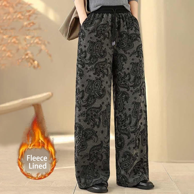 Pantalones de algodón con forro polar térmico, pernera ancha y bolsillos, estampado paisley jacquard con Buddha Stones para mujer - Gris oscuro - US6，UK/AU10，EU38 (XL) - image 1