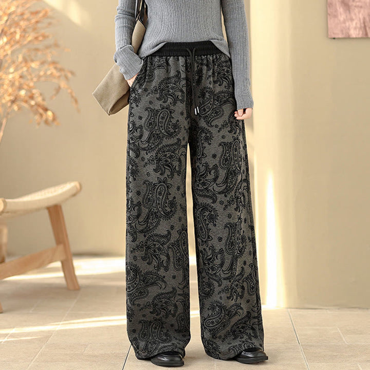 Pantalones de algodón con forro polar térmico, pernera ancha y bolsillos, estampado paisley jacquard con Buddha Stones para mujer - image 2