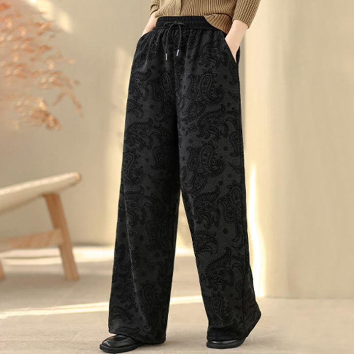 Pantalones de algodón con forro polar térmico, pernera ancha y bolsillos, estampado paisley jacquard con Buddha Stones para mujer - image 6
