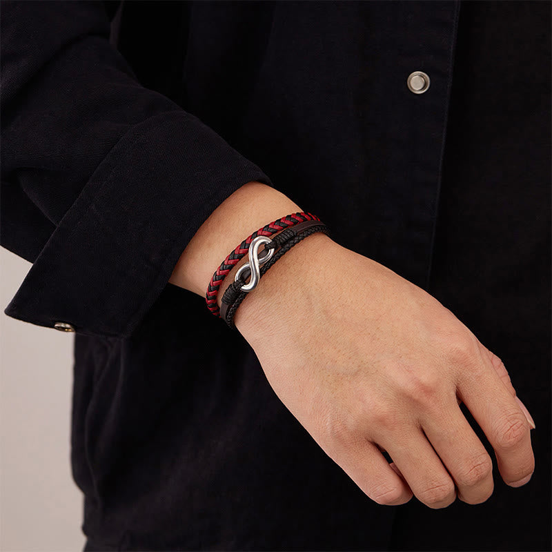 Pulsera de equilibrio de cuero trenzado de tres capas de acero y titanio con diseño infinito de Buddha Stones - image 11